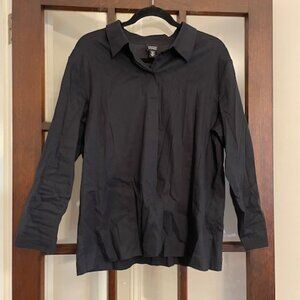 Eileen Fisher Black Linen-Blend Button-Down Shirt, Size XL